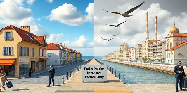 
  Una imagen surrealista que contraste dos escenas:
  Izquierda: Una ciudad italiana con casas coloridas, plazas llenas de ancianos jugando al ajedrez y carteles de 