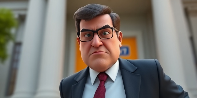 Un hombre con traje y corbata saliendo de un edificio gubernamental, con una expresión de culpabilidad en su rostro. Al fondo, un logo de una empresa energética.