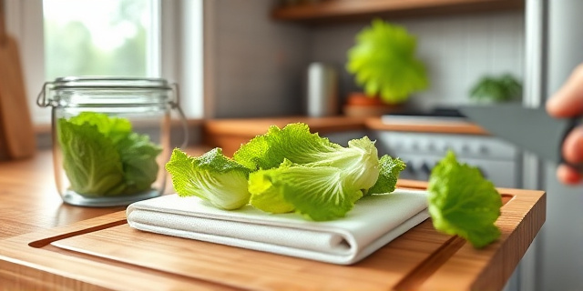 Una cocina moderna con una tabla de madera, un recipiente hermético de vidrio, hojas de lechuga fresca colocadas entre capas de papel de cocina secas, luz natural entrando por una ventana, un cuchillo y una mano desenfocada sosteniendo una hoja de lechuga.