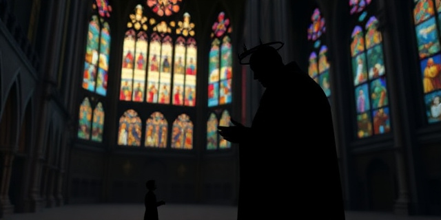 Una basílica gótica iluminada por vitrales coloridos. En primer plano, una sombra estilizada representando una figura con un halo de poder, mirando hacia abajo con desdén a una figura más pequeña que intenta imitar un gesto de reverencia. Tonos oscuros y dramáticos, con un contraste marcado entre la luz y la sombra. Estilo Barroco.