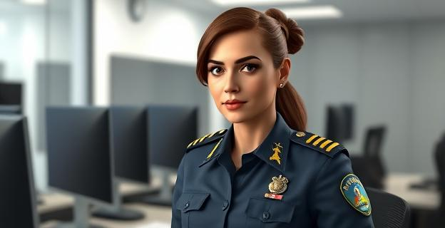 Imagen de una mujer en uniforme de la Guardia Civil con insignias de alta graduación, en un entorno de trabajo con ordenadores y documentos, simbolizando autoridad y liderazgo femenino en un contexto de investigaciones anticorrupción.