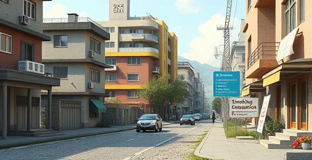 Imagen de un paisaje urbano con contrastes socioeconómicos marcados, donde se ven personas fumando en un entorno deprimido y, al fondo, un cartel de una clínica de desintoxicación tabáquica.