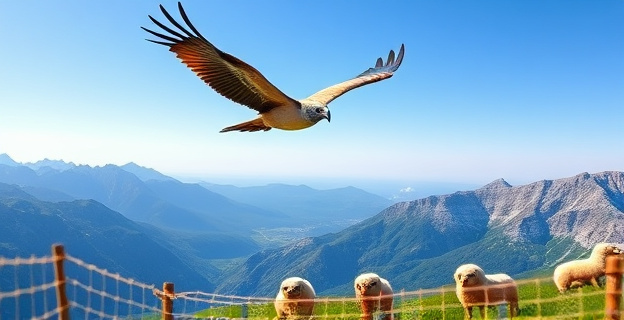 Imagen de un buitre leonado sobrevolando un paisaje de montaña con ovejas pastando, con un cielo azul despejado y un valle verde al fondo