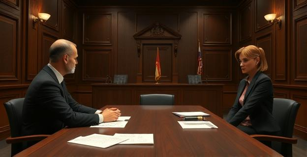 Una escena judicial con un fiscal y una fiscal en un tribunal, con un ambiente tenso y documentos esparcidos sobre la mesa.