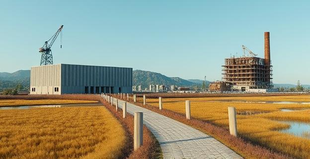 Un paisaje de marismas y rías en Urdaibai con dos estructuras museísticas modernas en construcción junto a una fábrica abandonada y astilleros, con una senda que las une