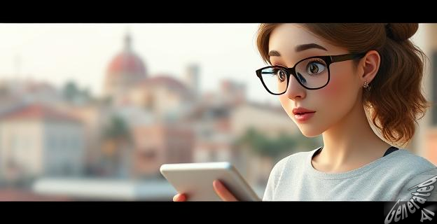 Una mujer con una tableta mirando su perfil de TikTok con una expresión de sorpresa, al fondo una imagen borrosa de Lisboa o Marrakech.