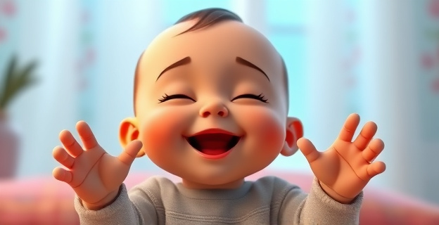 Un bebé sonriente con los ojos cerrados, moviendo las manos al ritmo de la música que suena en el fondo