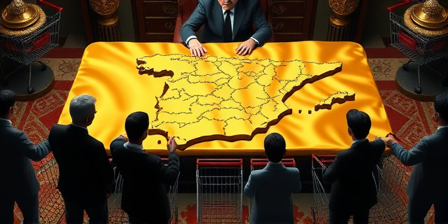 Una ilustración conceptual y satírica. Un escritorio gubernamental lujoso donde un funcionario intenta cubrir un mapa de España lleno de grietas y parches con un mantel de seda brillante y dorado. Alrededor del escritorio, sombras de familias cansadas sosteniendo carritos de compra vacíos. Estilo editorial de revista política, colores contrastados, atmósfera de hipocresía y decadencia oculta.