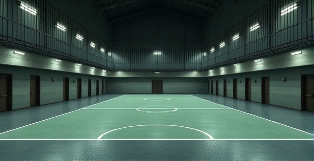 Una imagen de un frontón vacío y moderno dentro de un complejo penitenciario, con rejas al fondo y una cancha de pelota vasca en primer plano. La iluminación es fría y los colores dominantes son grises y verdes.