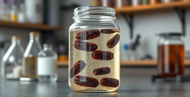 Ilustración de un frasco con agua y pasas fermentando a 25 °C, con burbujas y un ligero olor a alcohol, en un laboratorio con equipo científico al fondo