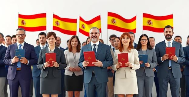 Imagen de un grupo de personas de diferentes edades y nacionalidades sosteniendo banderas españolas y documentos de nacionalidad en un acto oficial solemne.