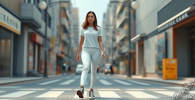 Una mujer con camisa blanca cruda de manga corta, pantalón blanco y Converse negras de plataforma caminando por una calle de Tokio.