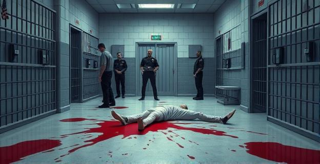 Una celda de prisión con sangre en el suelo y un recluso herido en el suelo, con funcionarios de prisiones atendiendo la emergencia