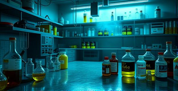 Imagen de un laboratorio clandestino de drogas sintéticas con equipo de análisis químico y envases de sustancias peligrosas