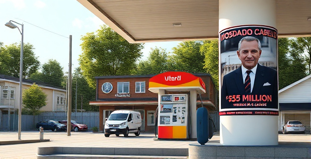 Una gasolinera en un municipio al norte de Madrid con un letrero que indica su nombre, Inversiones, Oportunidades y Negocios SL, mientras que al fondo se ve un cartel de la recompensa de 25 millones de dólares por información para capturar a Diosdado Cabello. La escena está iluminada por la luz del día.