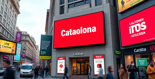 Una gran lona publicitaria en catalán colocada en la fachada de un edificio en una calle concurrida, con pantallas luminosas alrededor mostrando mensajes en diferentes idiomas y colores. La escena está ambientada en una calle urbana bulliciosa con gente pasando.