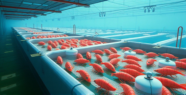 Instalaciones de acuicultura con tanques de gambas y langostinos en gran escala