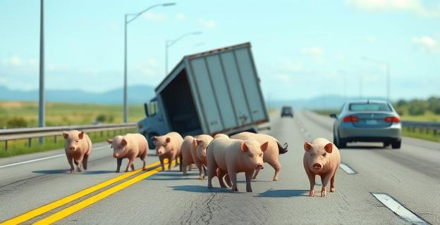 Una imagen de una autovía con un camión volcado y cerdos sueltos en la calzada, con un coche detenido en el fondo después de arrollar a uno de los animales.