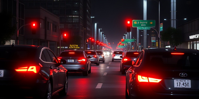 Una escena de tráfico urbano nocturno con luces de semáforo, coches estilizados y un coche en la carretera que parece perseguir a otro, sin rostros visibles, con un ambiente de misterio y matemáticas en el aire