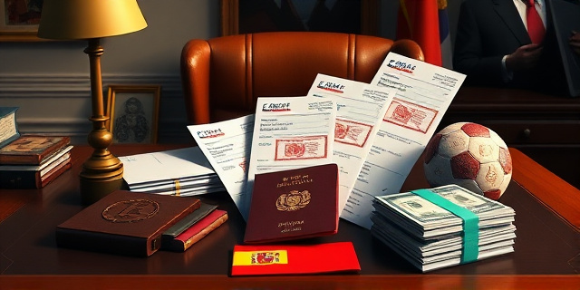 Una ilustración satírica al estilo editorial de periódico. Una mesa de oficina lujosa donde se mezclan facturas con sellos rojos, un pasaporte chino, un balón de fútbol antiguo y un fajo de billetes oculto bajo una bandera española. Fondo minimalista, colores contrastados, atmósfera de intriga y burocracia corrupta.