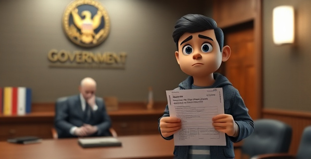 Una imagen que contraste la seriedad de un despacho gubernamental con la incertidumbre de un formulario de declaración responsable en manos de una persona en situación irregular.