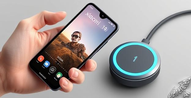 Un smartphone Xiaomi14T en una mano, con la pantalla encendida mostrando una imagen tomada con su cámara de 200 MPX, y un cargador rápido al lado.