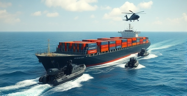 Un gran barco de carga en medio del océano Atlántico siendo abordado por lanchas de la Armada Española y agentes de policía con chalecos antibalas y equipo de operaciones especiales, con un helicóptero sobrevolando en el fondo.