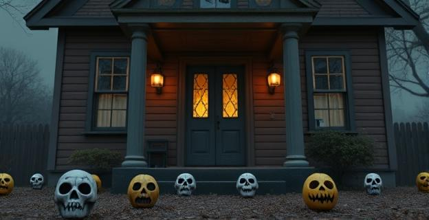 Imagen de una casa con huevos y limones en la fachada, con máscaras de Halloween en el suelo y una atmósfera tensa y oscura