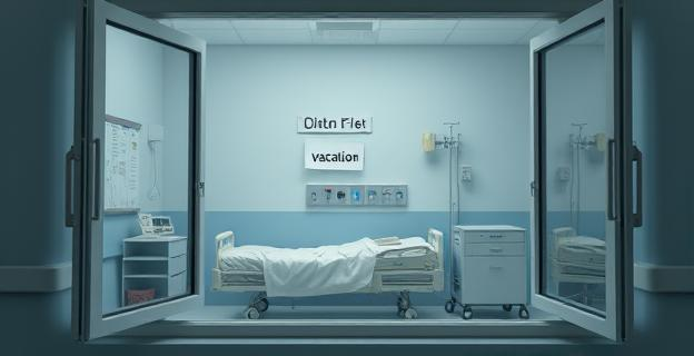 Una ventana de hospital abierta con una cama vacía y una habitación desordenada, con una nota que dice 