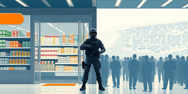 Una ilustración conceptual y satírica que muestra la entrada de un supermercado moderno donde, en lugar de un guardia de seguridad convencional, hay un soldado con equipo militar custodiando la puerta. Al fondo, se ve un mapa esquemático de una pequeña ciudad costera saturada de figuras humanas abstractas. Estilo editorial de revista, colores contrastados, atmósfera de tensión urbana.