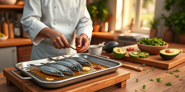 Un chef preparando anchoas en una bandeja con aceite de oliva, ajo fileteado y guindilla fresca, al lado de una tabla de guacamole con aguacate, tomate y cilantro, en una cocina mediterránea con luz cálida y utensilios de cocina dispersos.