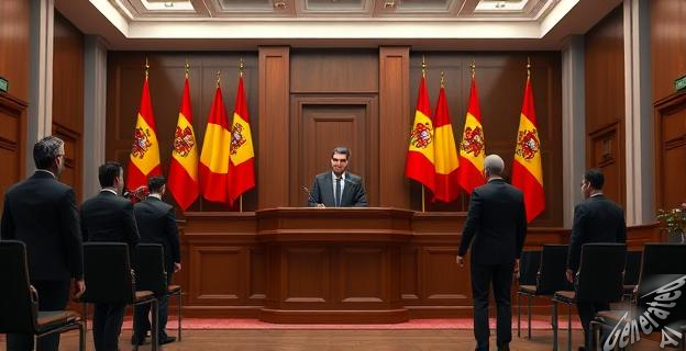 Una imagen de un tribunal de justicia con un juez y varios abogados, con un fondo de banderas españolas