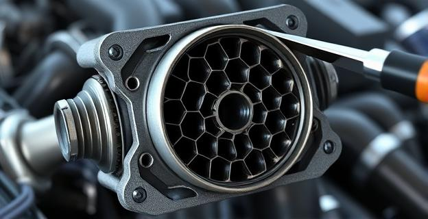 Imagen de un catalizador de coche siendo desmontado con herramientas, mostrando su estructura interna con forma de panal