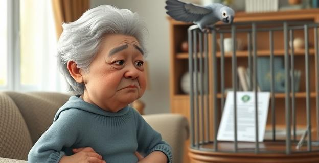 Una anciana de 75 años en un salón con un loro gris en una jaula, ambos con expresiones de tristeza. Al fondo, un papel oficial en una mesa.