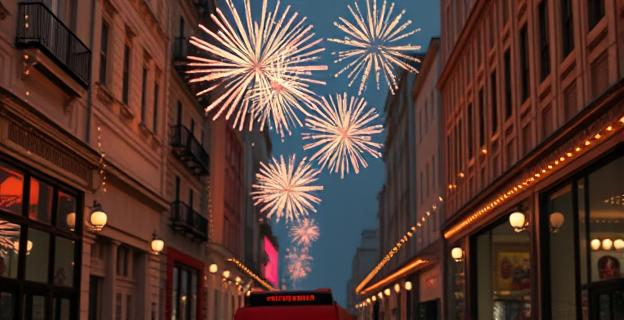 Imagen de una mascletá en un entorno urbano con fuegos artificiales y luces