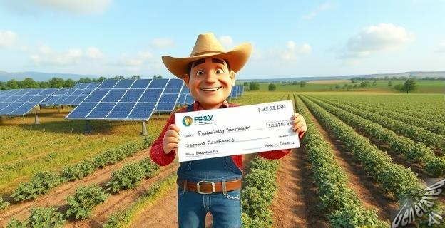 Un paisaje rural con placas solares y un agricultor sonriendo mientras sostiene un cheque con una gran cantidad de dinero