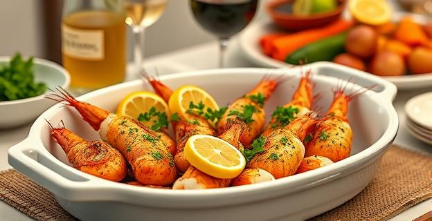 Imagen de una bandeja de cerámica con gambones al horno, adornada con rodajas de limón y perejil picado, sobre una mesa navideña con vino blanco y verduras asadas al fondo