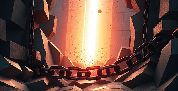 Una composición abstracta que evoca la opresión y el despertar, con formas geométricas que simulan cadenas y barreras, desmoronándose ante una luz brillante que representa el conocimiento y la evolución. Tonos oscuros y terrosos se mezclan con destellos de color vibrante, sugiriendo la complejidad de las creencias y la esperanza de un futuro desprendido del pasado. El diseño transmite una sensación de liberación y reflexión profunda sobre estructuras sociales.