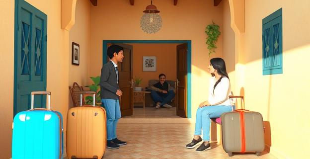 Imagen de un centro de acogida de menores con una familia marroquí visitando a un joven en un entorno de patio o sala de visitas, con maletas y teléfonos móviles visibles.