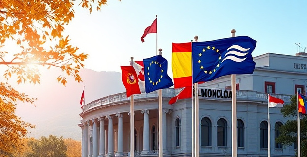 Edificio de La Moncloa con banderas de España y de la Unión Europea ondeando al viento, en un día soleado de otoño. Al fondo, montañas boscosas.