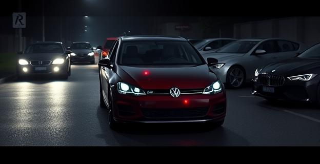 Imagen de un Volkswagen Golf con impactos de bala en una calle oscura y desierta, con varios coches de alta gama alrededor, incluyendo dos Audis Q7 y un Maserati, en una escena de crimen.