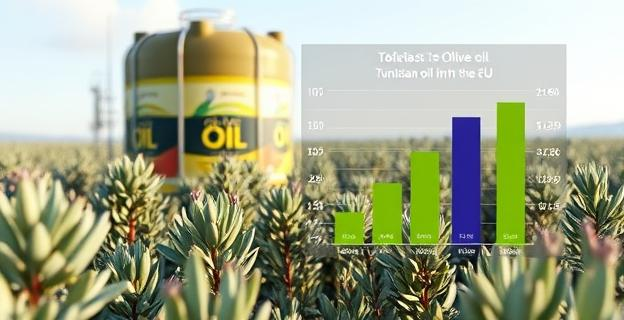 Imagen de un campo de olivos con un gran contenedor de aceite de oliva al fondo, con etiquetas de diferentes países y un gráfico de barras mostrando la importación de aceite tunecino en la UE