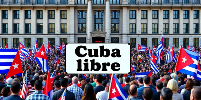 Una multitud de personas con pancartas y banderas cubanas frente al Parlamento Europeo, con un gran letrero que dice 