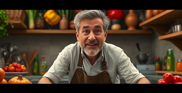 Una escena vibrante de Anthony Bourdain en una cocina, rodeado de ingredientes exóticos y utensilios de cocina, con una expresión de asombro y pasión por la comida