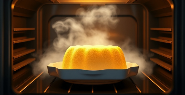 Un bizcocho esponjoso y dorado saliendo de un horno con vapor rodeándolo, con una bandeja de agua caliente en la base