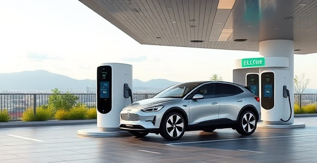 Imagen de un super cargador de coche eléctrico en una estación de servicio futurista en Italia, con un diseño moderno y minimalista, y un paisaje urbano al fondo.