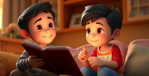 Una escena cálida de un padre leyendo un cuento a su hijo, señalando las palabras con el dedo mientras el niño mira atentamente. El ambiente es acogedor, con una luz suave y un entorno tranquilo que invita a la conversación y al aprendizaje compartido.