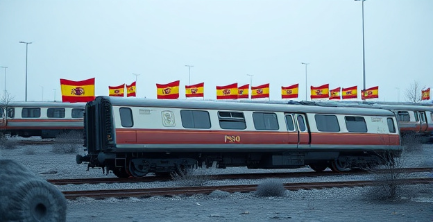 Imagen de un tren descarrilado con banderas de España y PSOE al fondo, en un paisaje desolado y gris