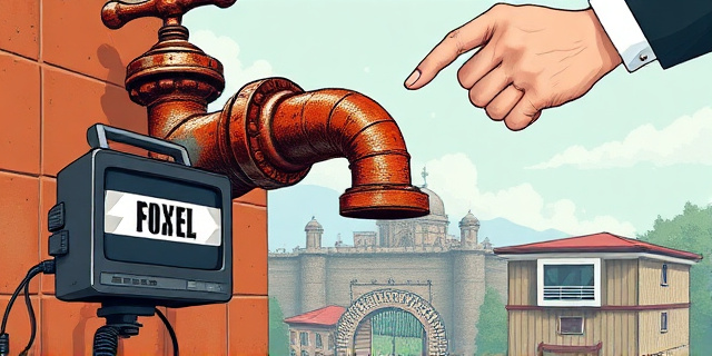 Una ilustración conceptual y satírica. Un gran grifo de metal oxidado que controla el flujo de personas hacia una ciudad amurallada. Al lado, una mano con un anillo real cierra la válvula con fuerza. En primer plano, una cámara de televisión con una cinta de 