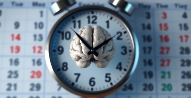 Imagen de un reloj desdibujado con fondo de calendario y un cerebro en el centro, representando la percepción subjetiva del tiempo
